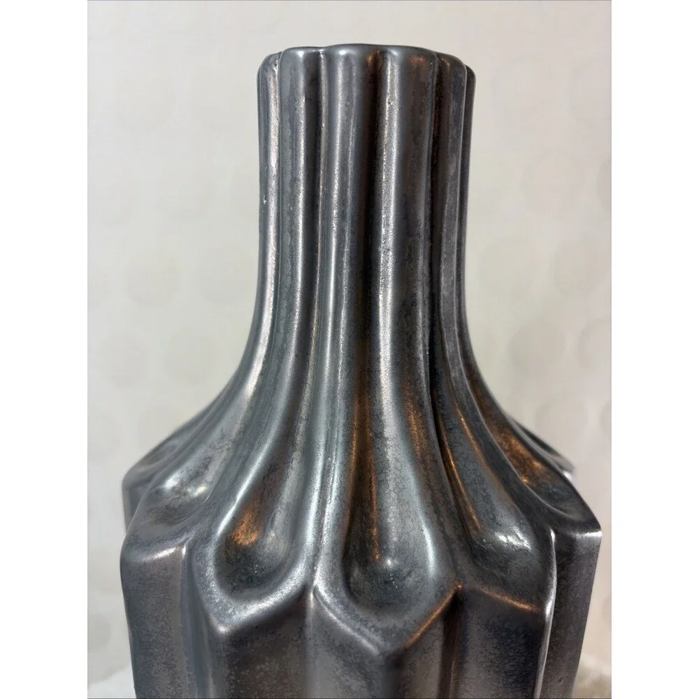 17” Art Deco Metallic Silver Fluted Ceramic Decorative Vase